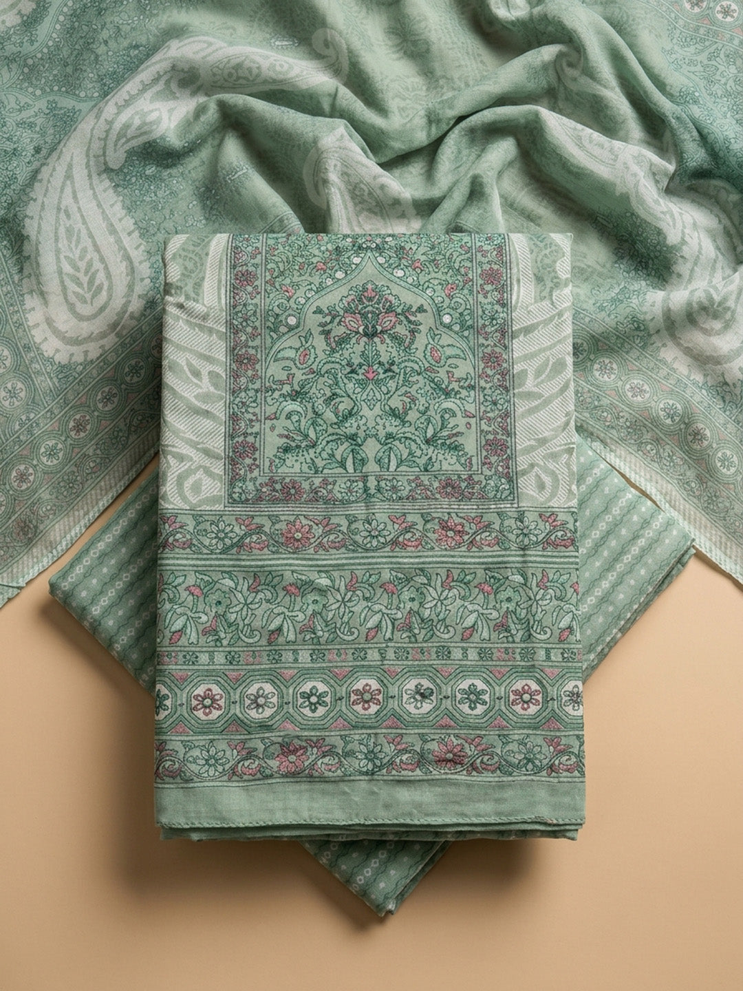 Aqua Green Printed Cotton Blend Unstitched Dress Material