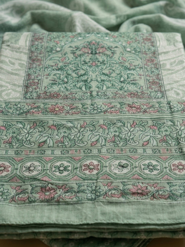 Aqua Green Printed Cotton Blend Unstitched Dress Material
