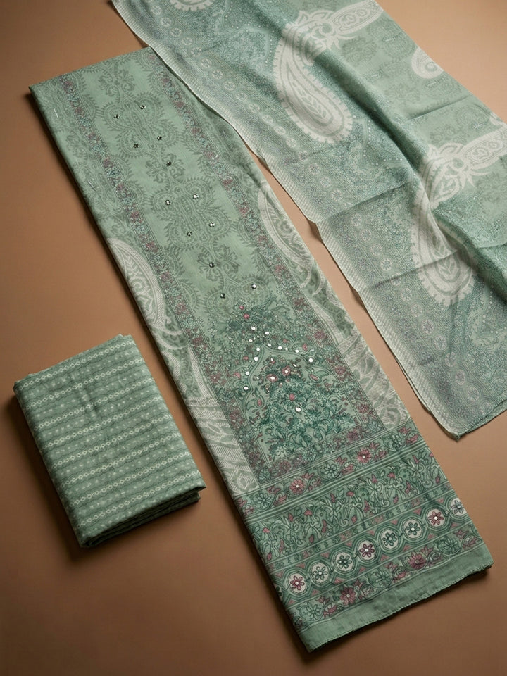 Aqua Green Printed Cotton Blend Unstitched Dress Material