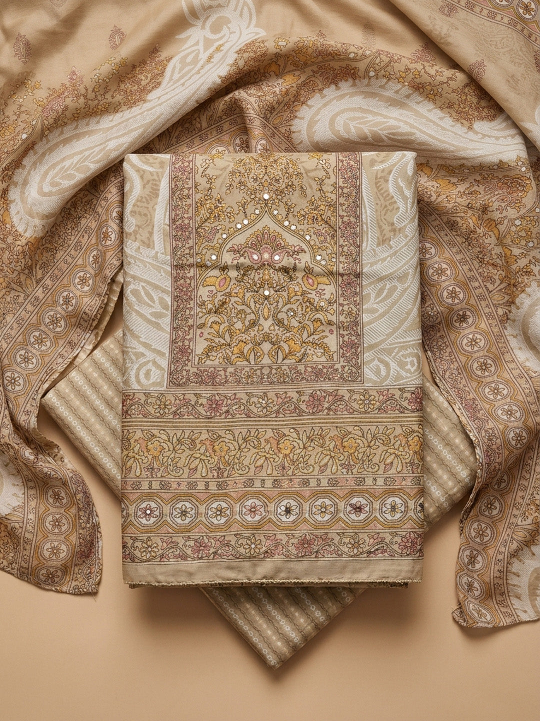 Beige Printed Cotton Blend Unstitched Dress Material
