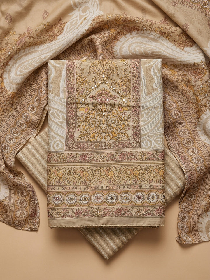 Beige Printed Cotton Blend Unstitched Dress Material
