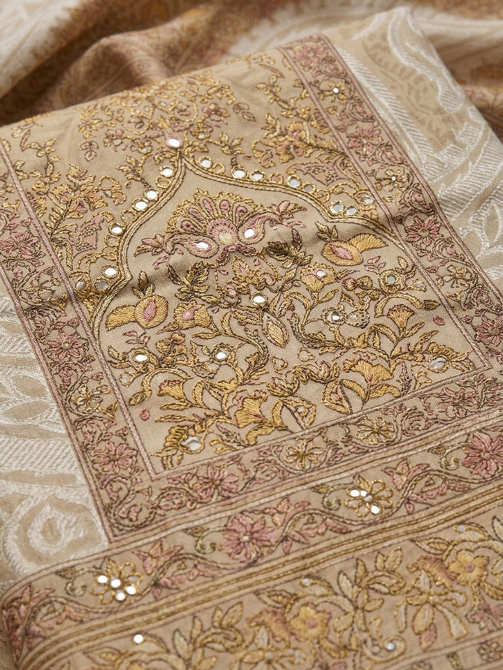 Beige Printed Cotton Blend Unstitched Dress Material