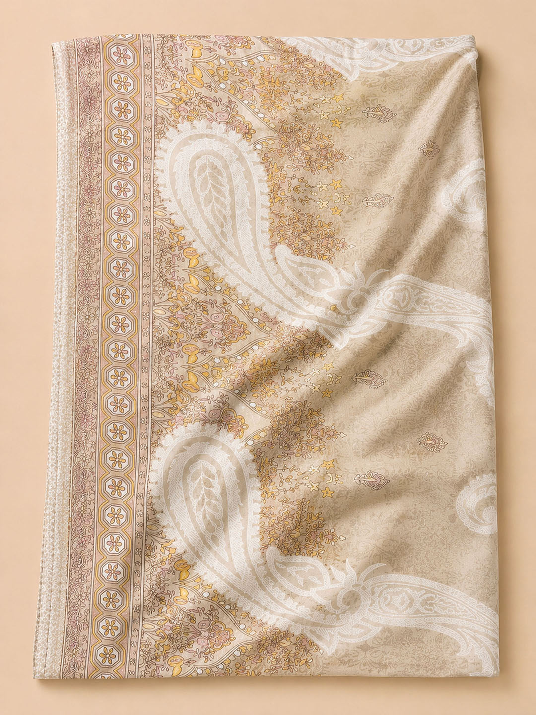 Beige Printed Cotton Blend Unstitched Dress Material