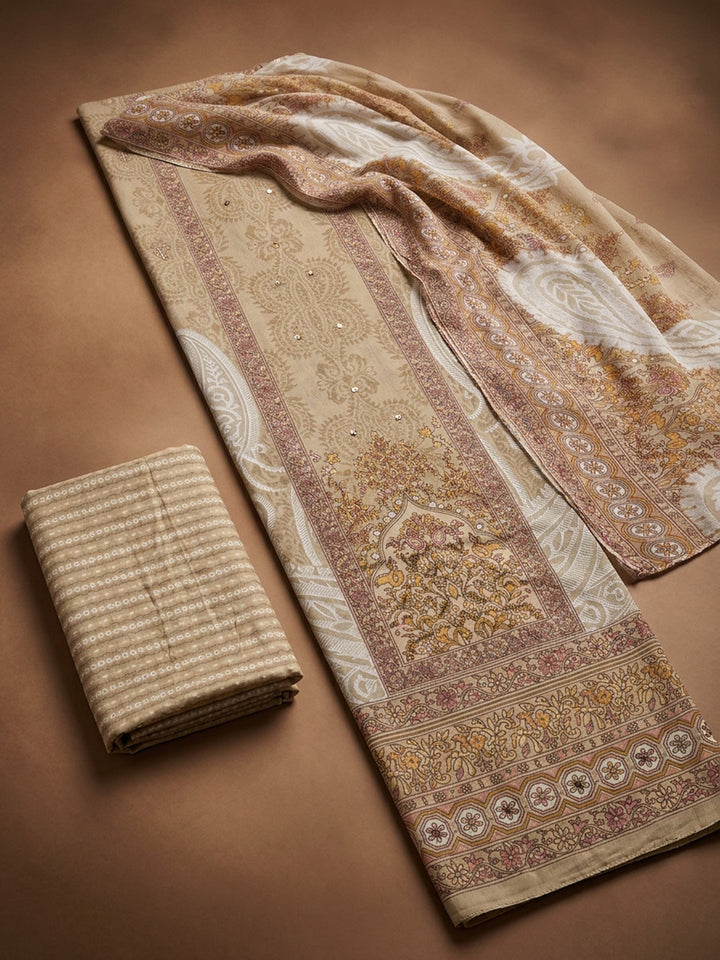 Beige Printed Cotton Blend Unstitched Dress Material