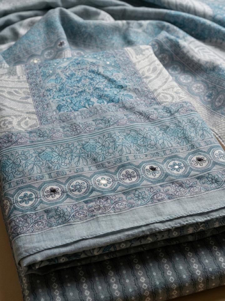 Grey Printed Cotton Blend Unstitched Dress Material
