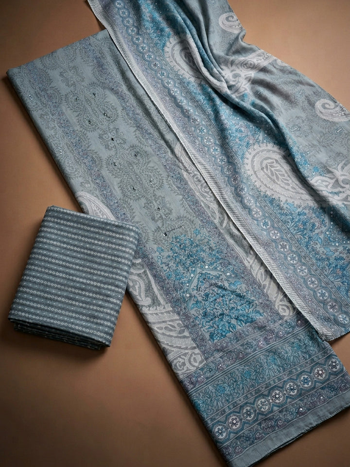 Grey Printed Cotton Blend Unstitched Dress Material