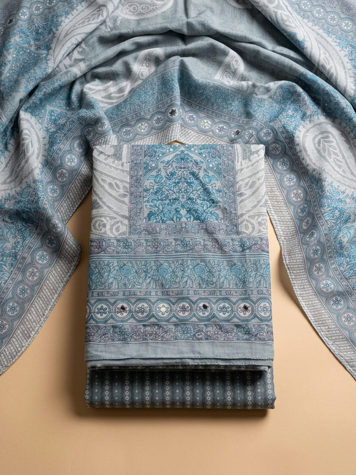Grey Printed Cotton Blend Unstitched Dress Material