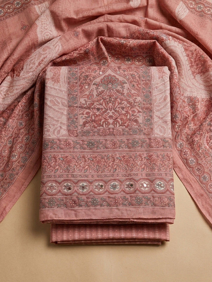 Peach Printed Cotton Blend Unstitched Dress Material