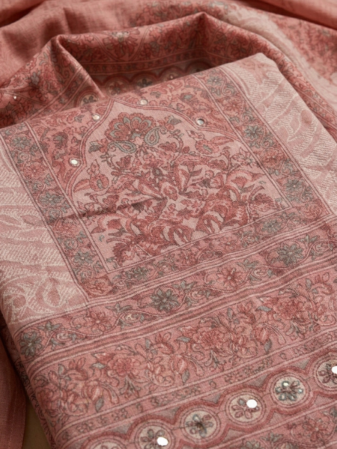 Peach Printed Cotton Blend Unstitched Dress Material