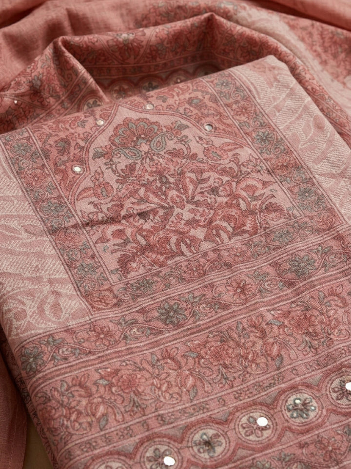 Peach Printed Cotton Blend Unstitched Dress Material