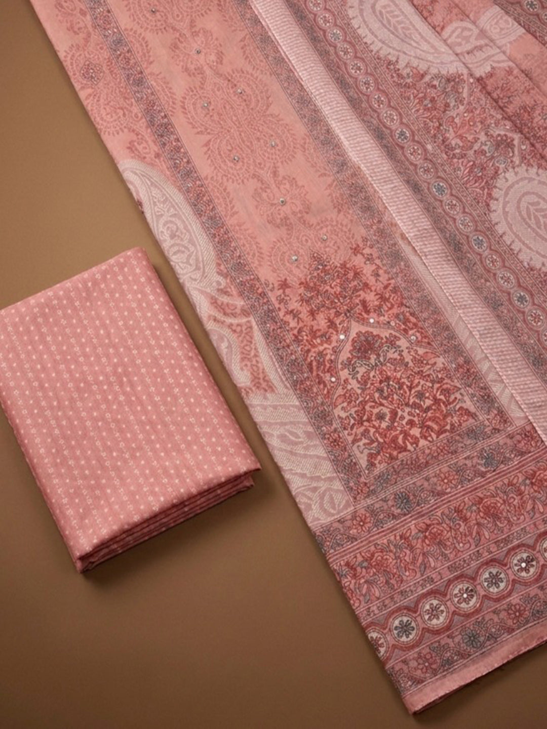 Peach Printed Cotton Blend Unstitched Dress Material