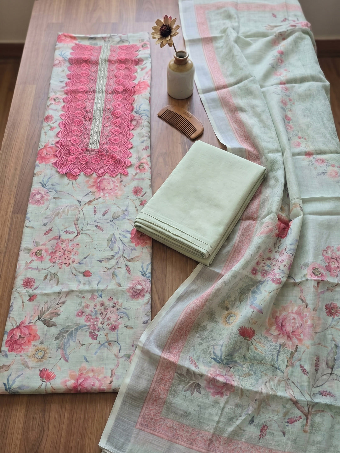 Aqua Green Embroidered Linen Blend Unstitched Suit With Pant &amp; Dupatta