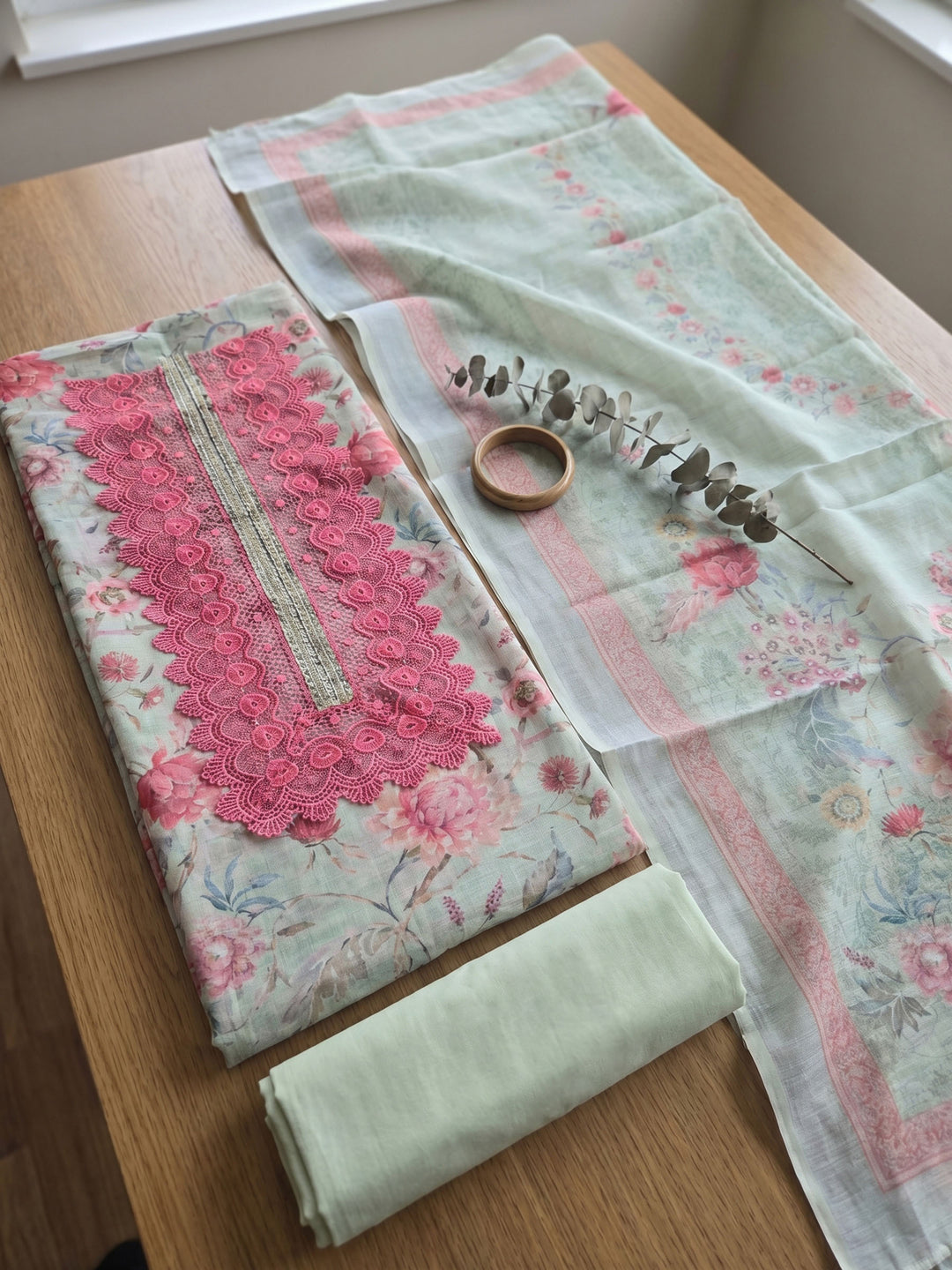 Aqua Green Embroidered Linen Blend Unstitched Suit With Pant &amp; Dupatta