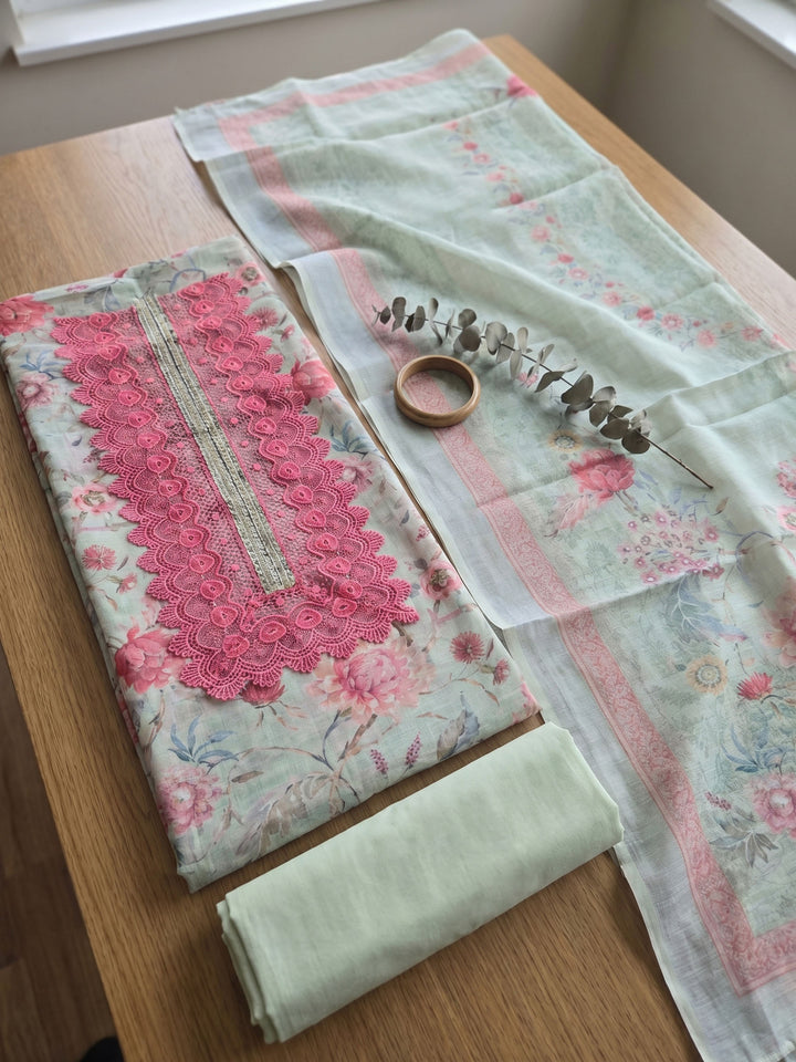 Aqua Green Embroidered Linen Blend Unstitched Suit With Pant &amp; Dupatta