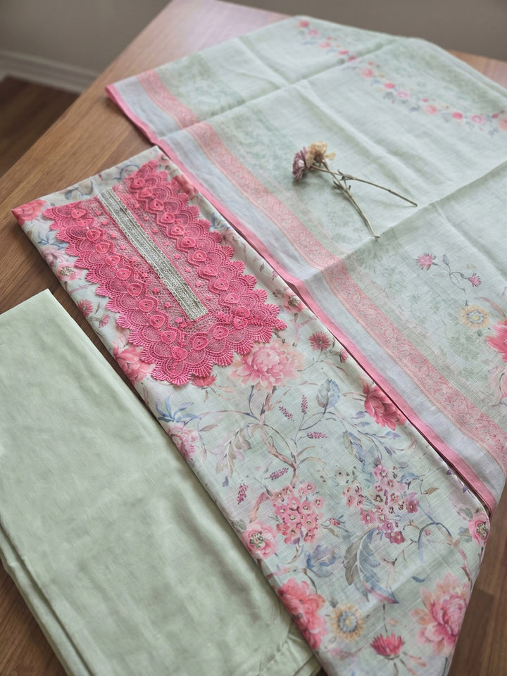Aqua Green Embroidered Linen Blend Unstitched Suit With Pant &amp; Dupatta