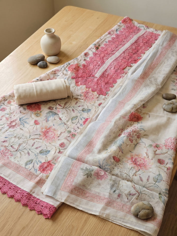 Beige Embroidered Linen Blend Unstitched Suit With Pant &amp; Dupatta