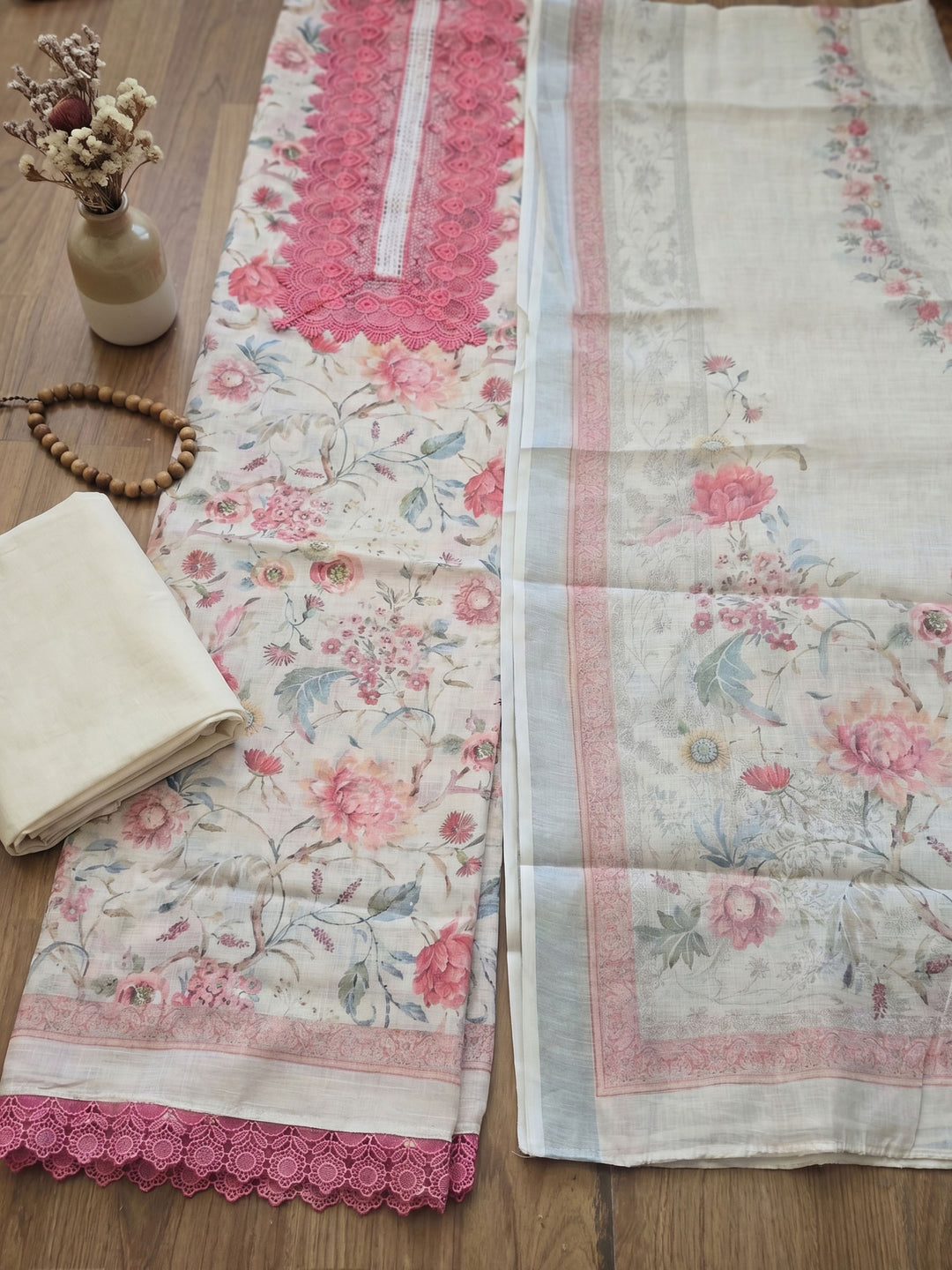 Beige Embroidered Linen Blend Unstitched Suit With Pant &amp; Dupatta
