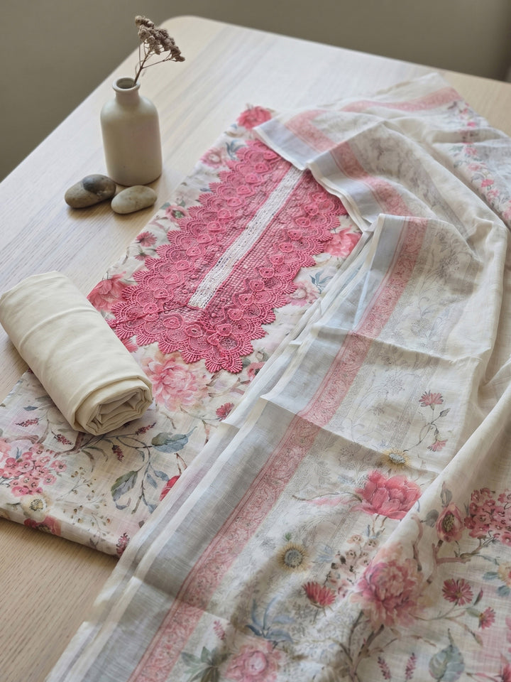 Beige Embroidered Linen Blend Unstitched Suit With Pant &amp; Dupatta