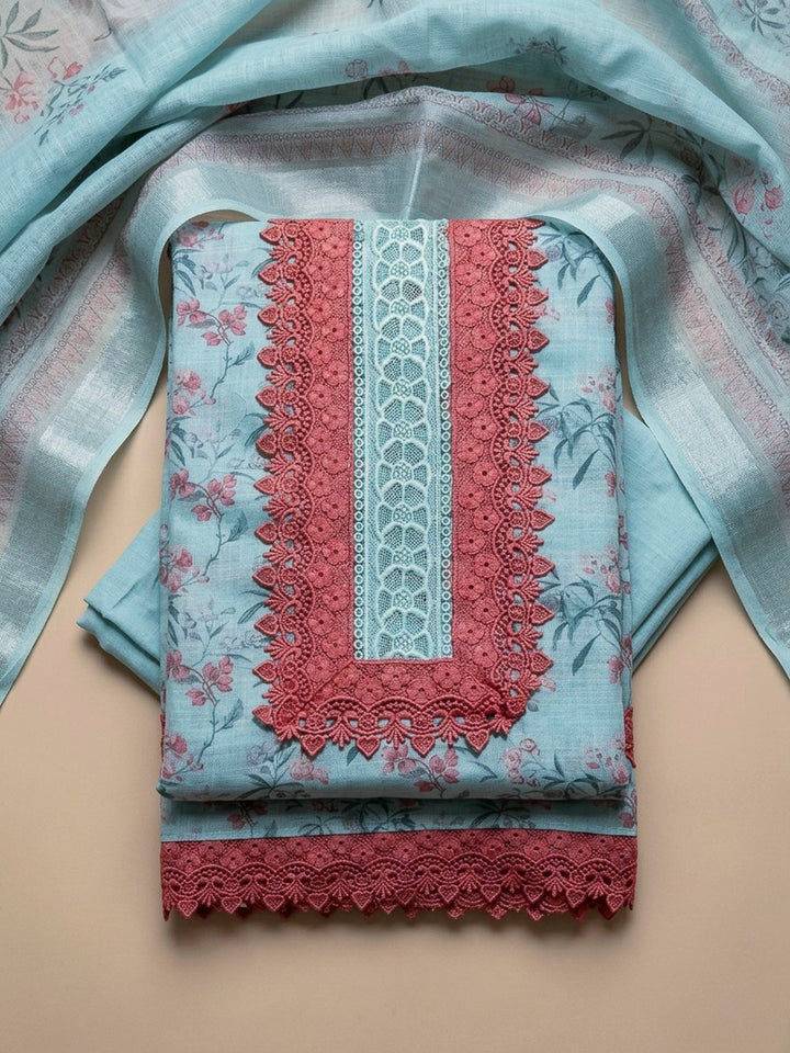 Blue Printed Linen Blend Unstitched Dress Material