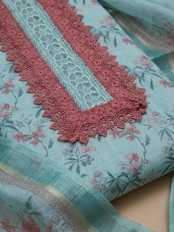 Blue Printed Linen Blend Unstitched Dress Material