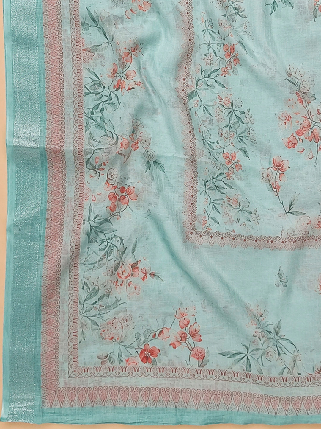 Blue Printed Linen Blend Unstitched Dress Material