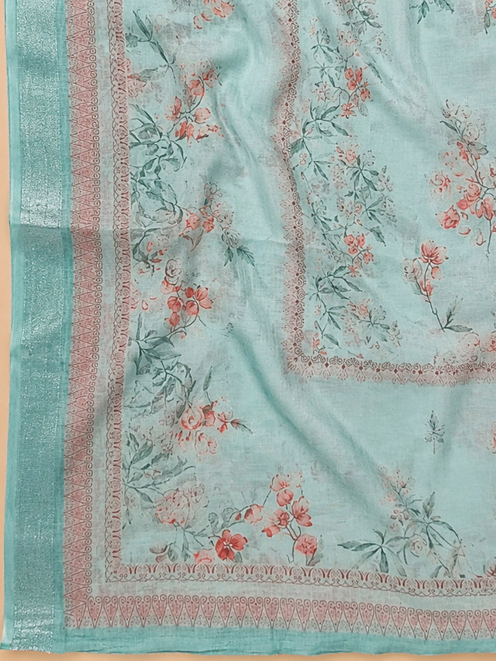 Blue Printed Linen Blend Unstitched Dress Material