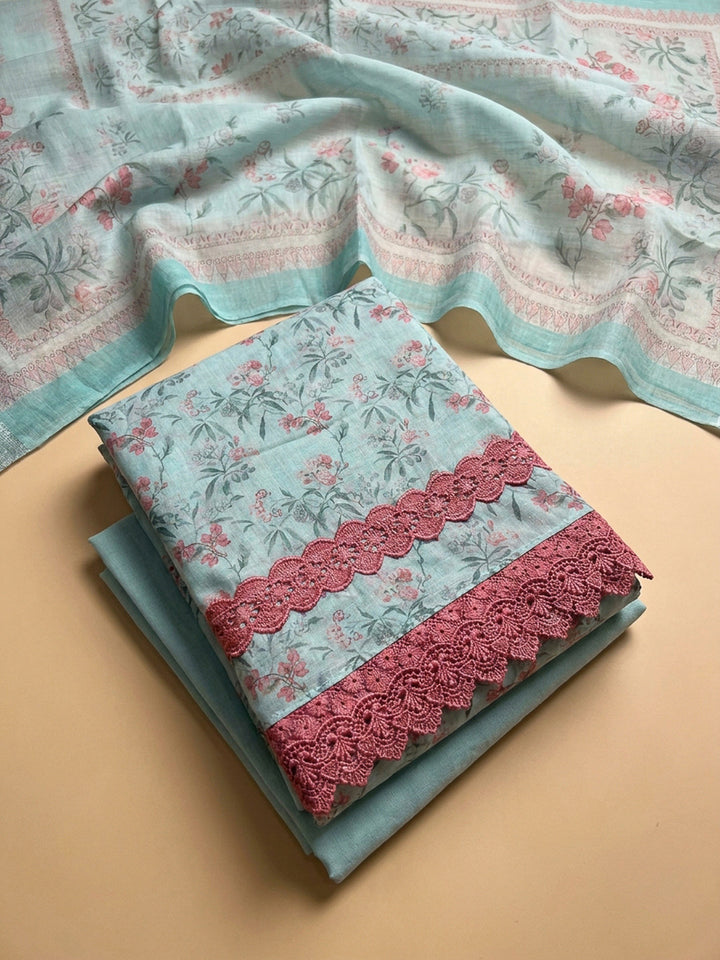 Blue Printed Linen Blend Unstitched Dress Material