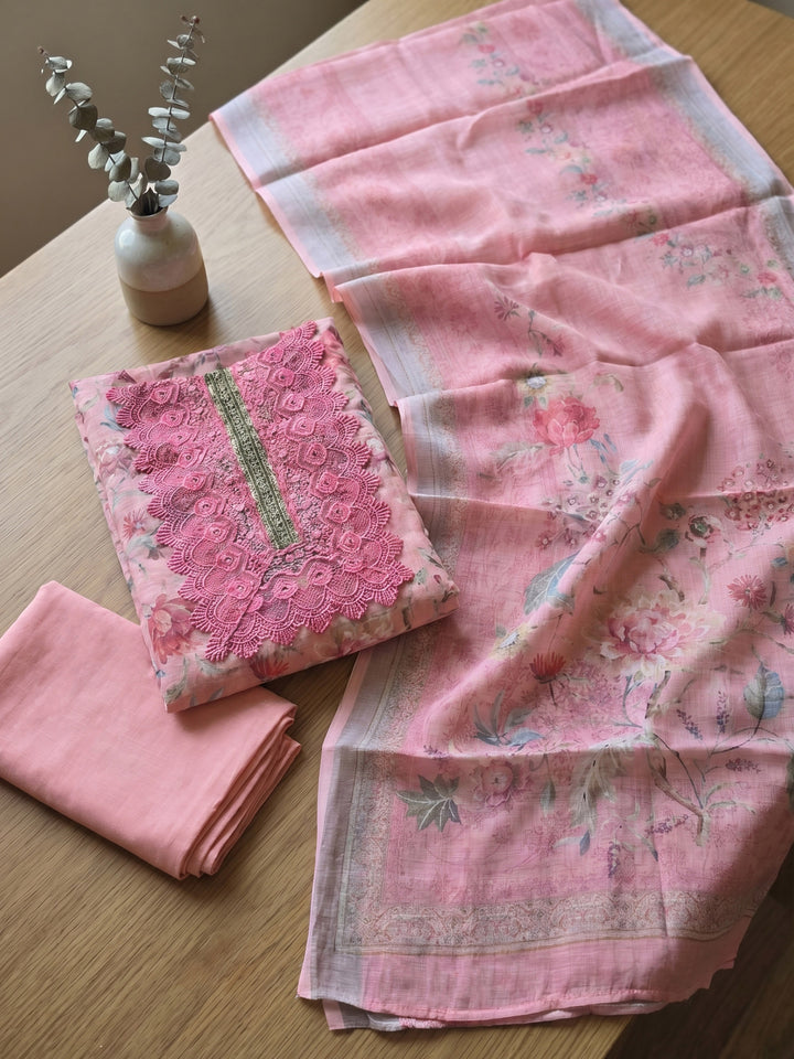 Pink Embroidered Linen Blend Unstitched Suit With Pant &amp; Dupatta