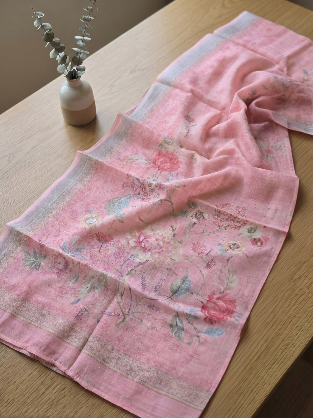 Pink Embroidered Linen Blend Unstitched Suit With Pant &amp; Dupatta