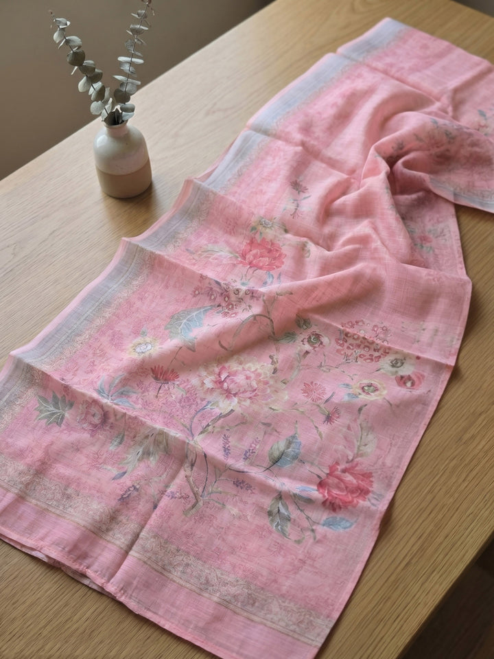 Pink Embroidered Linen Blend Unstitched Suit With Pant &amp; Dupatta