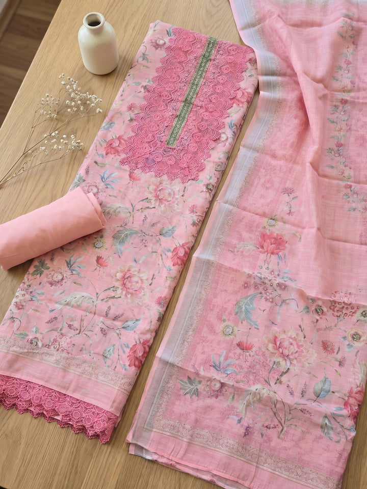 Pink Embroidered Linen Blend Unstitched Suit With Pant &amp; Dupatta