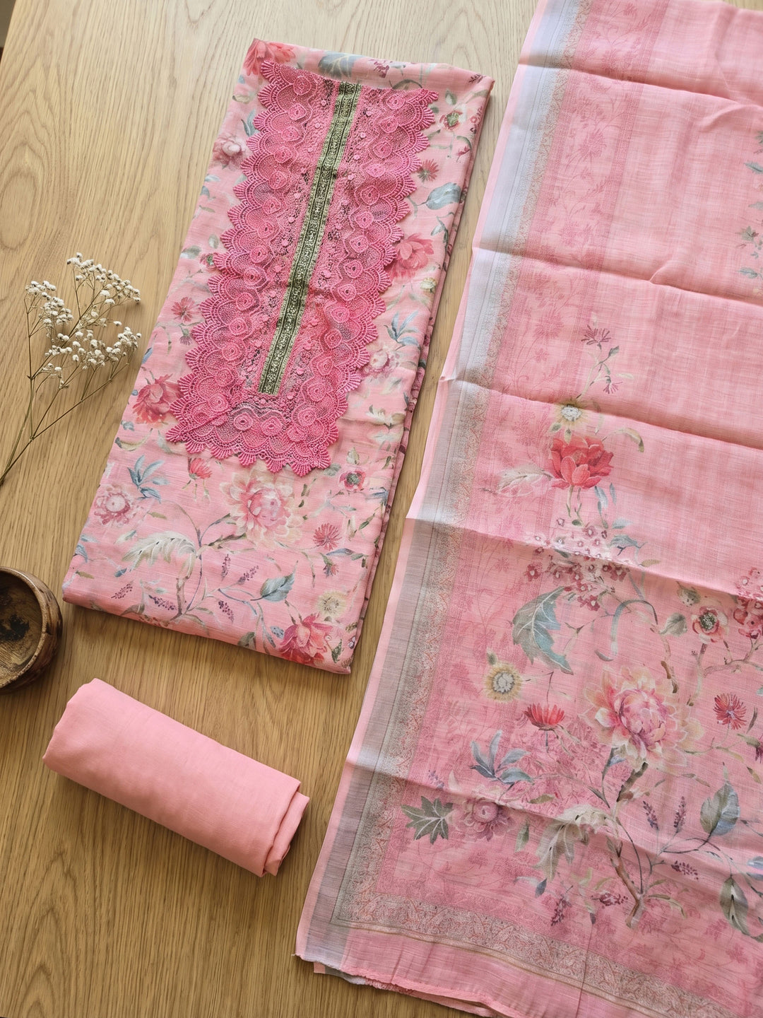 Pink Embroidered Linen Blend Unstitched Suit With Pant &amp; Dupatta