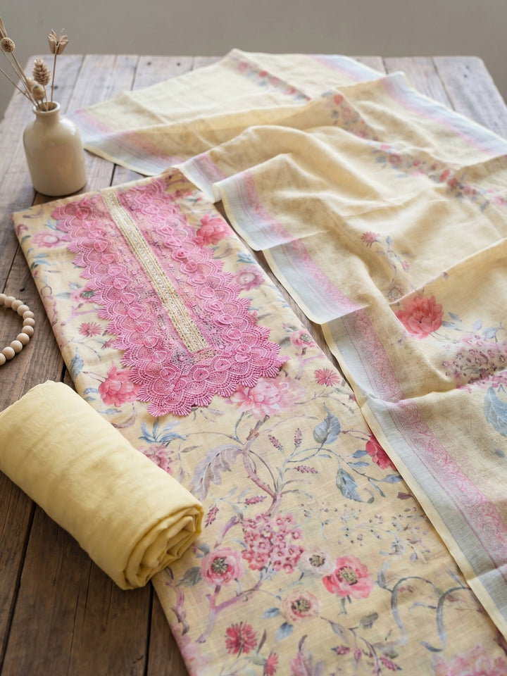 Yellow Embroidered Linen Blend Unstitched Suit With Pant &amp; Dupatta