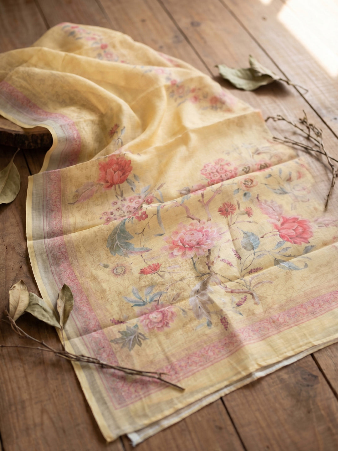 Yellow Embroidered Linen Blend Unstitched Suit With Pant &amp; Dupatta