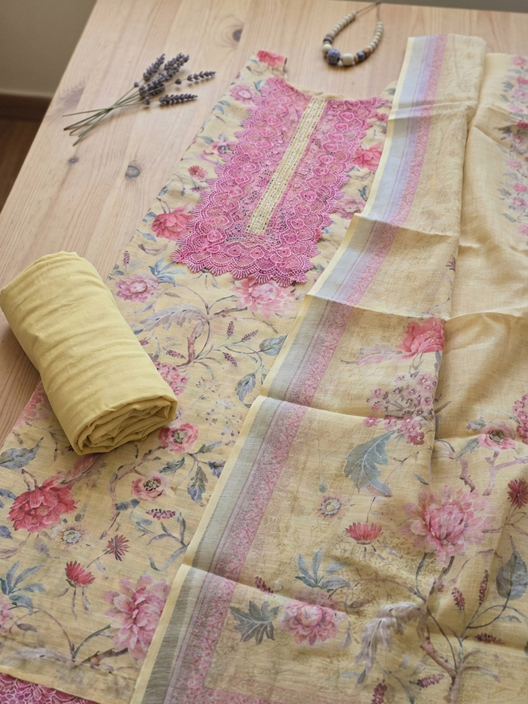 Yellow Embroidered Linen Blend Unstitched Suit With Pant &amp; Dupatta