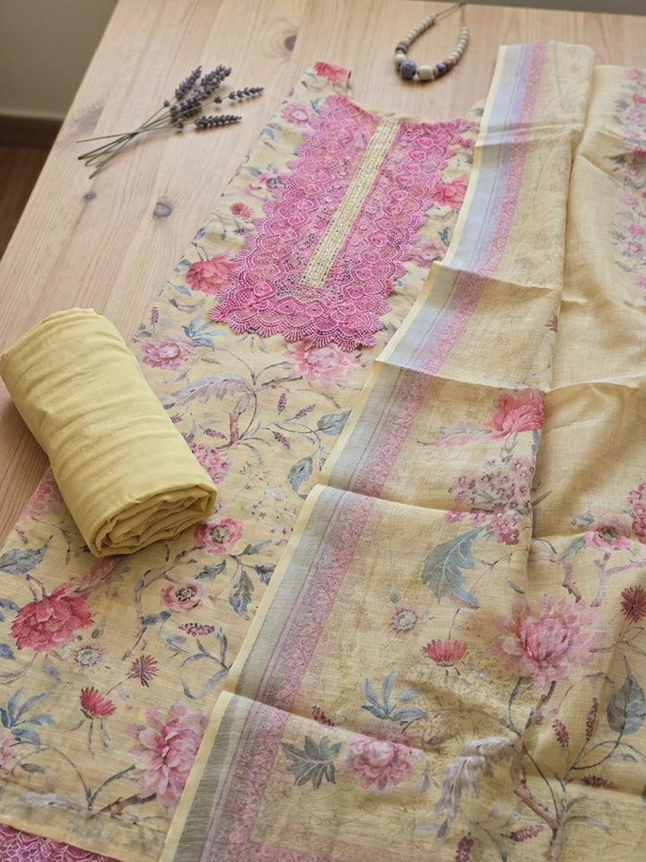 Yellow Embroidered Linen Blend Unstitched Suit With Pant &amp; Dupatta