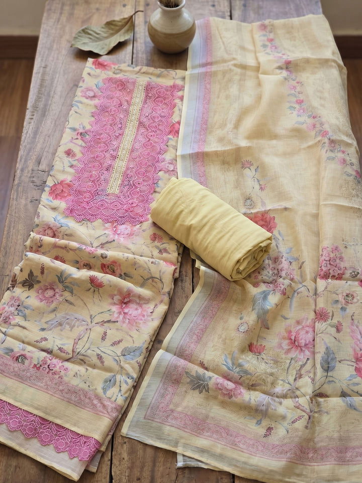 Yellow Embroidered Linen Blend Unstitched Suit With Pant &amp; Dupatta