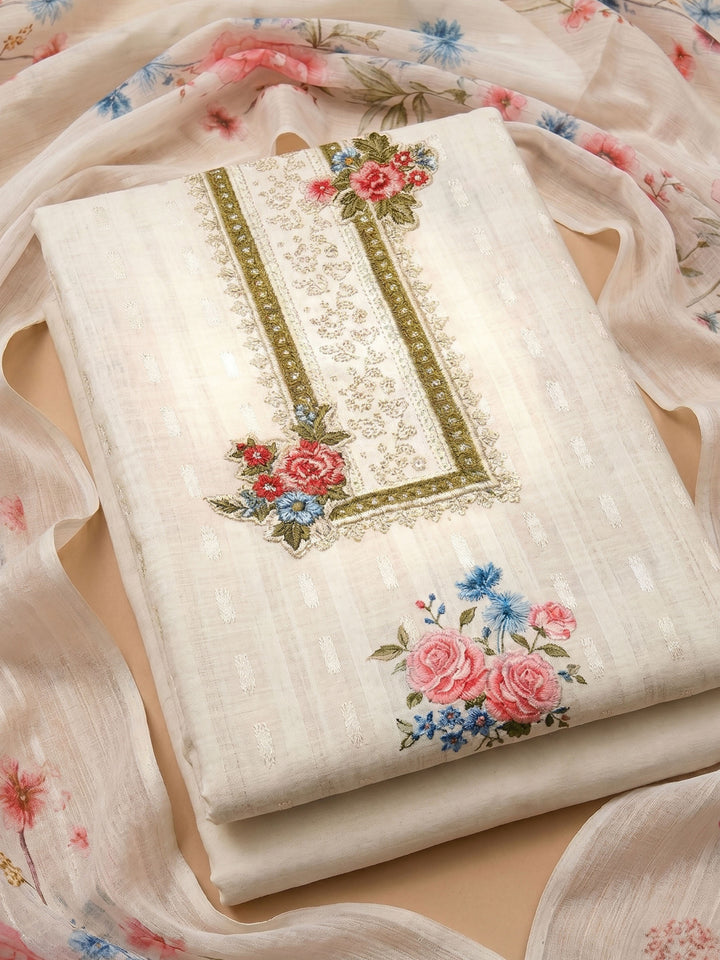 Off White Printed Cotton Blend Unstitched Suit With Pant &amp; Dupatta