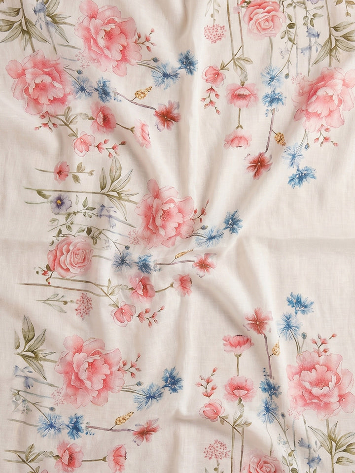 Off White Printed Cotton Blend Unstitched Suit With Pant &amp; Dupatta