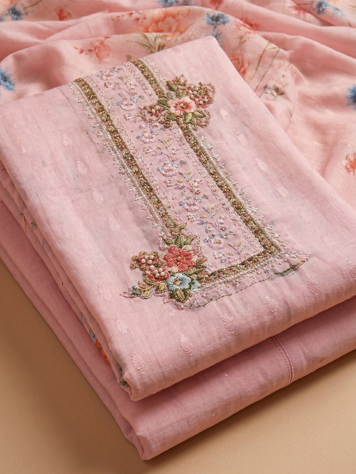 Peach Printed Cotton Blend Unstitched Suit With Pant &amp; Dupatta