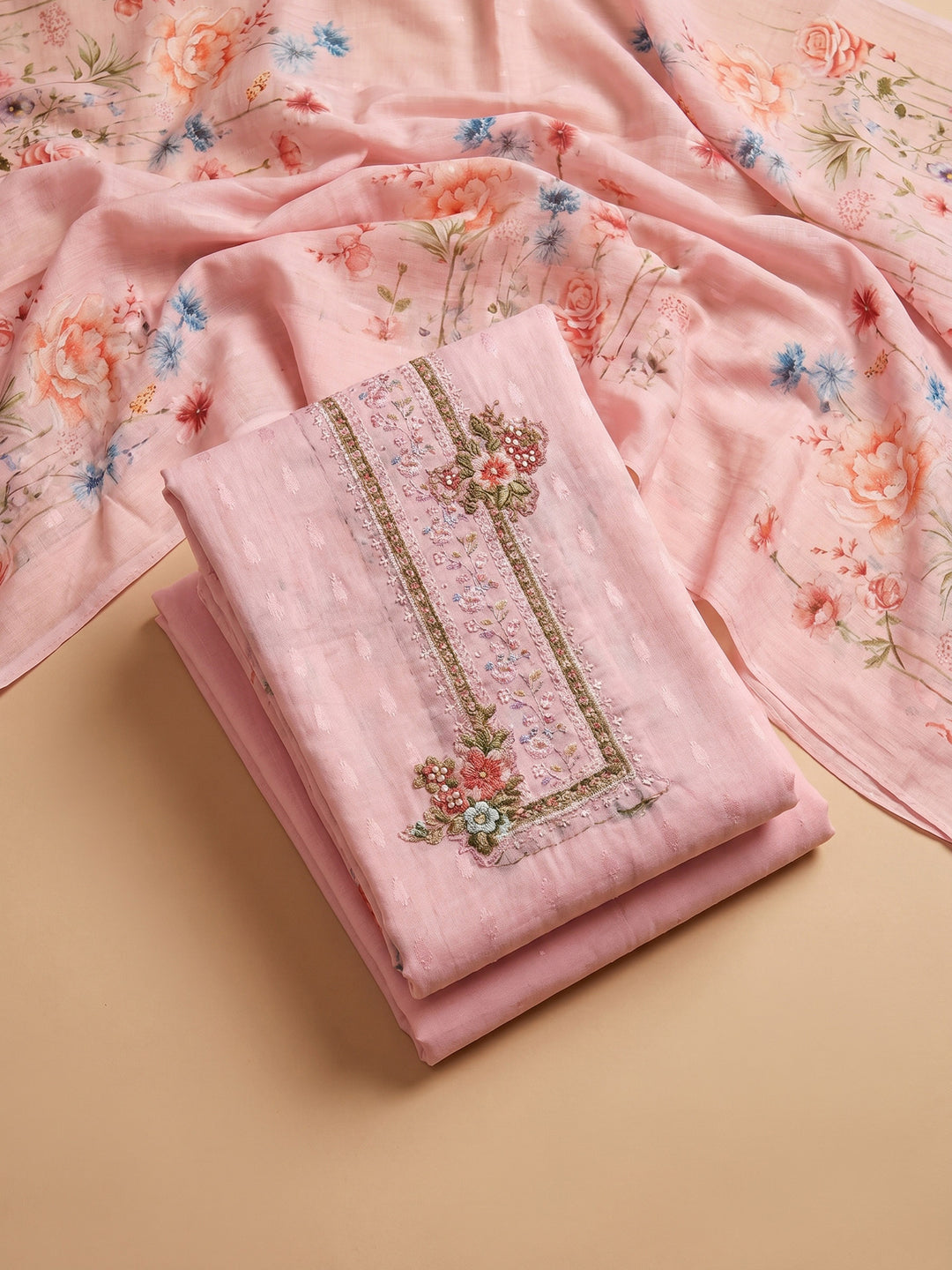Peach Printed Cotton Blend Unstitched Suit With Pant &amp; Dupatta