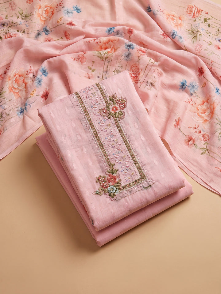 Peach Printed Cotton Blend Unstitched Suit With Pant &amp; Dupatta