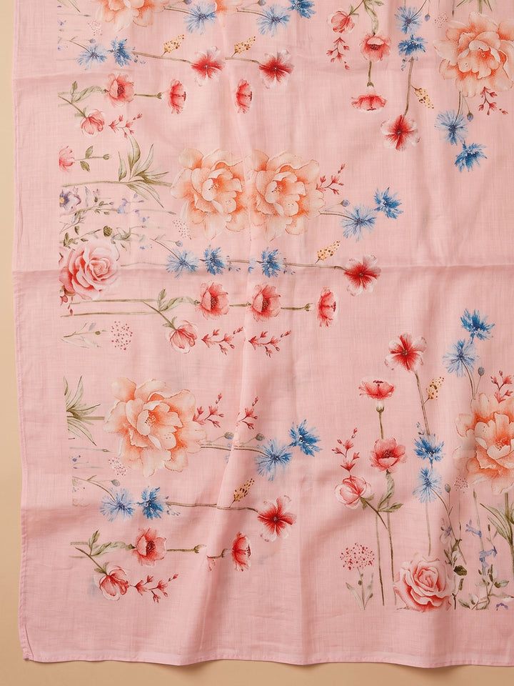 Peach Printed Cotton Blend Unstitched Suit With Pant &amp; Dupatta