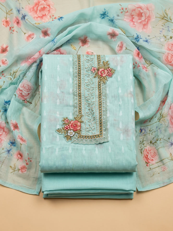 Sea Green Printed Cotton Blend Unstitched Suit With Pant &amp; Dupatta