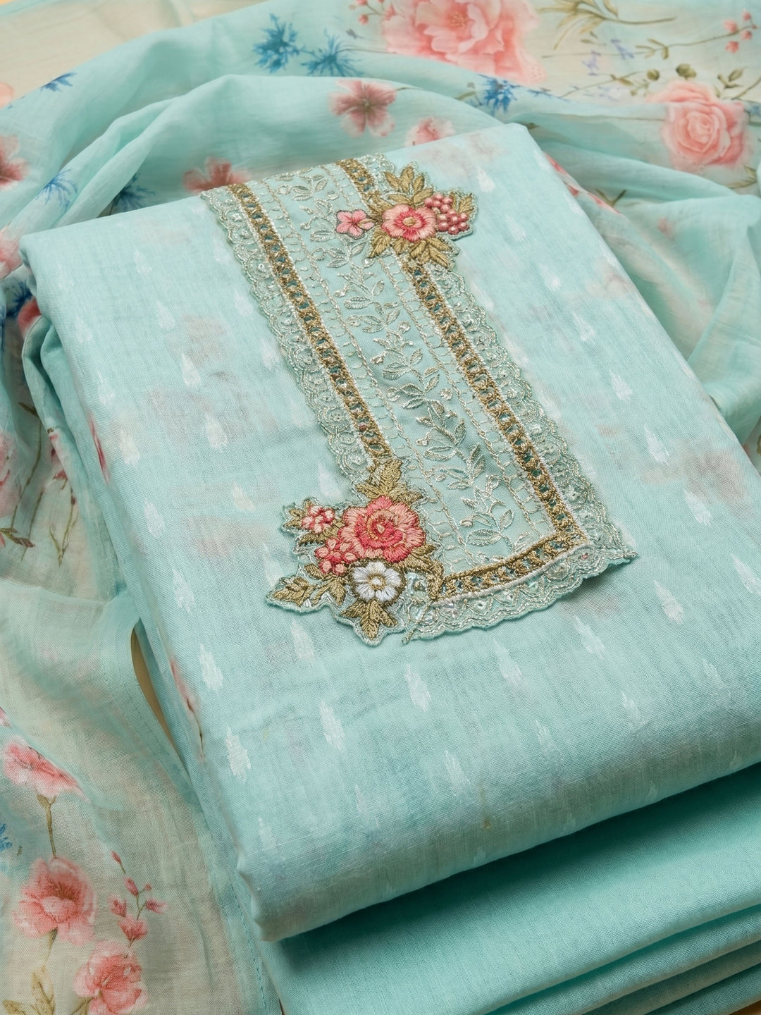 Sea Green Printed Cotton Blend Unstitched Suit With Pant &amp; Dupatta