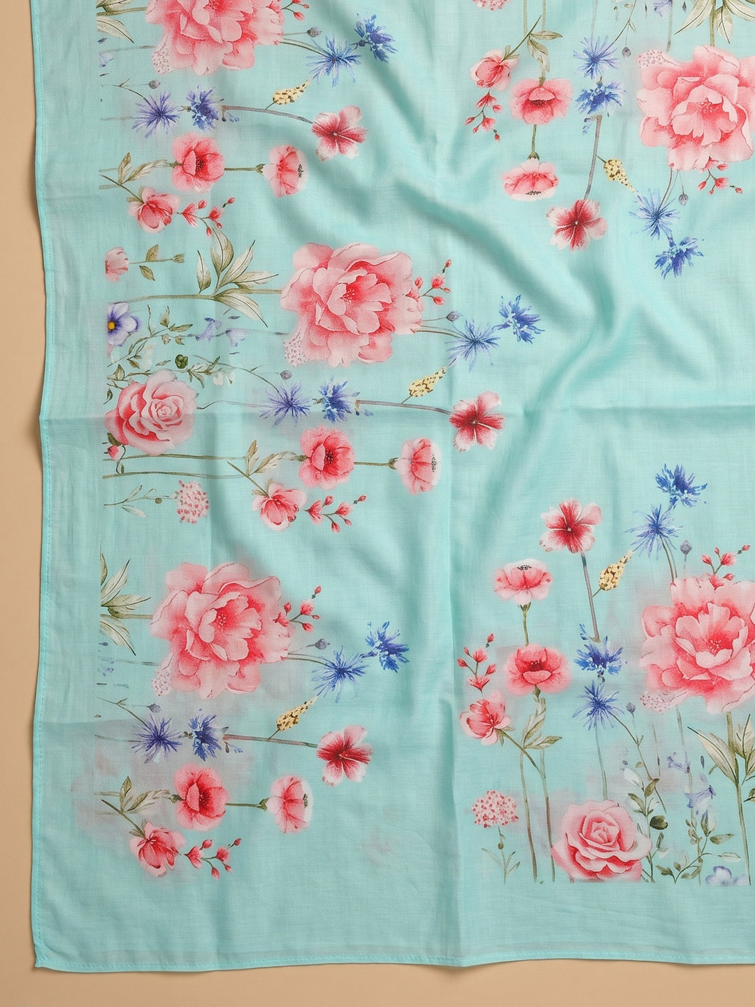 Sea Green Printed Cotton Blend Unstitched Suit With Pant &amp; Dupatta