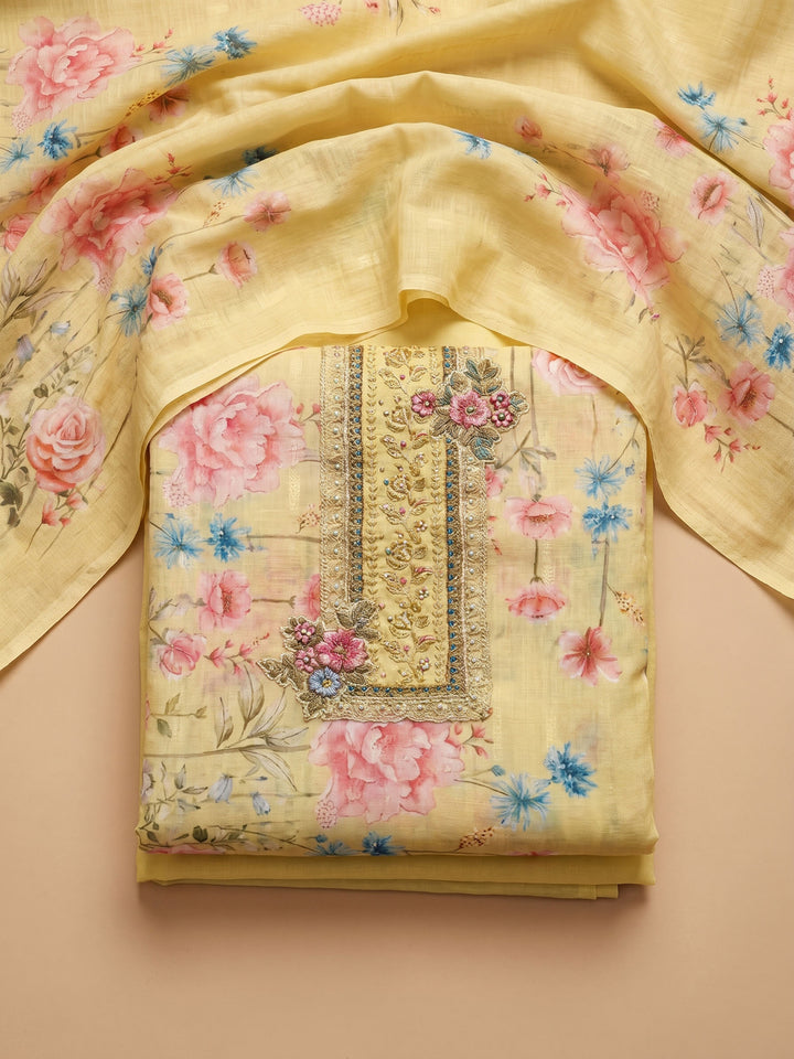 Yellow Printed Cotton Blend Unstitched Suit With Pant &amp; Dupatta