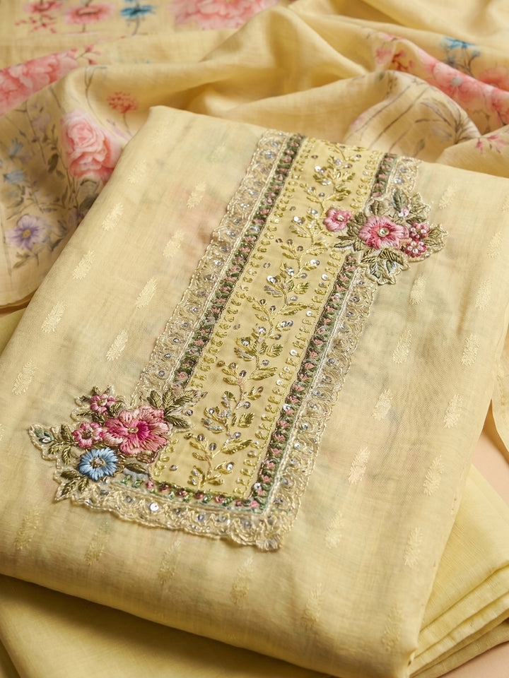 Yellow Printed Cotton Blend Unstitched Suit With Pant &amp; Dupatta