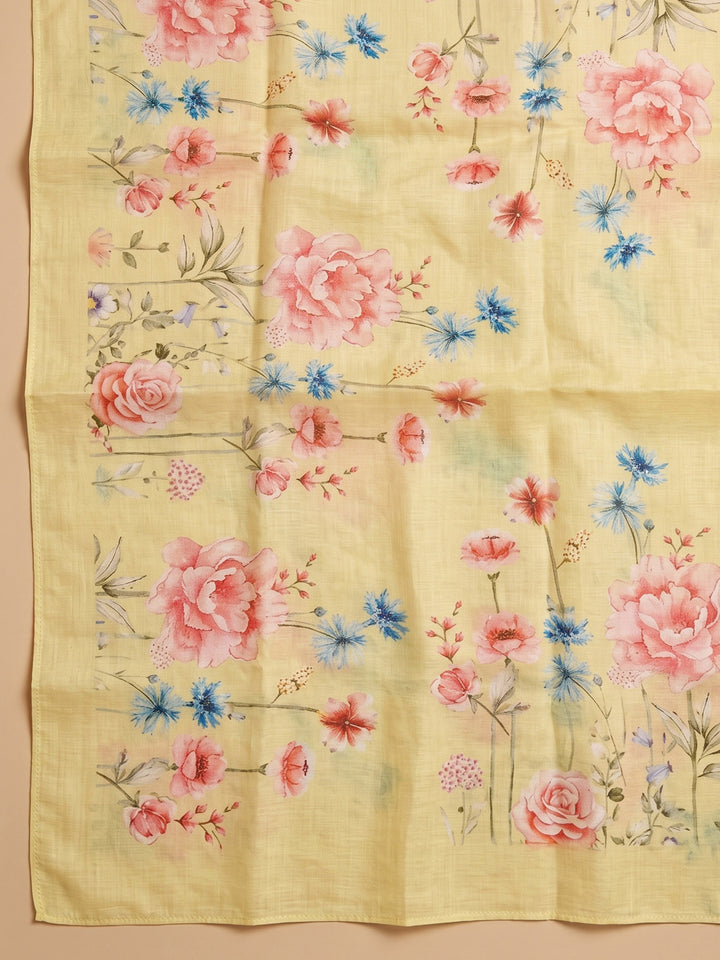 Yellow Printed Cotton Blend Unstitched Suit With Pant &amp; Dupatta