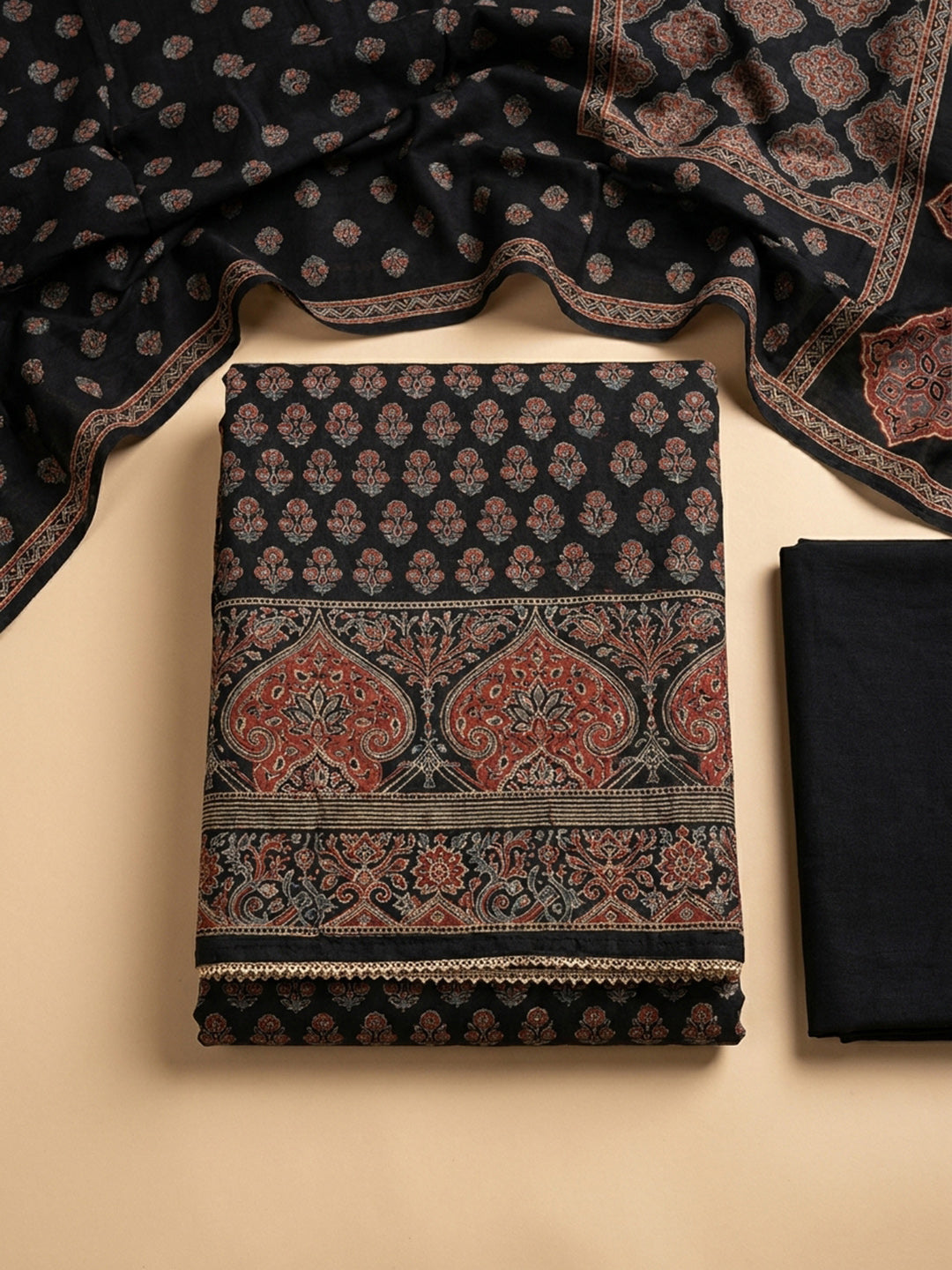 Black Printed Cotton Blend Unstitched Dress Material